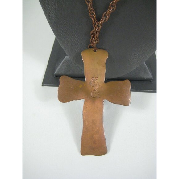 Handmade Copper Cross Pendant Necklace Floral Design Hammered CVG 30 inch Vintag - Picture 9 of 16